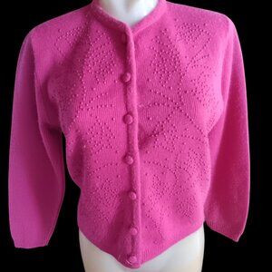 True Vintage Women's Medium Cardigan Sweater 1960's Pink Beaded Knit Kay Wright